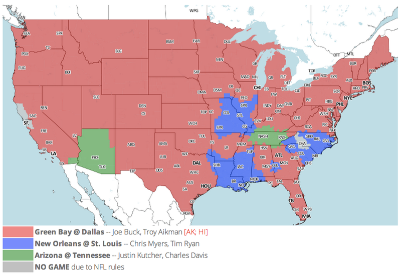 Illustration for article titled Which TV Market's Getting Screwed Today? Your Week 15 NFL Viewing Maps